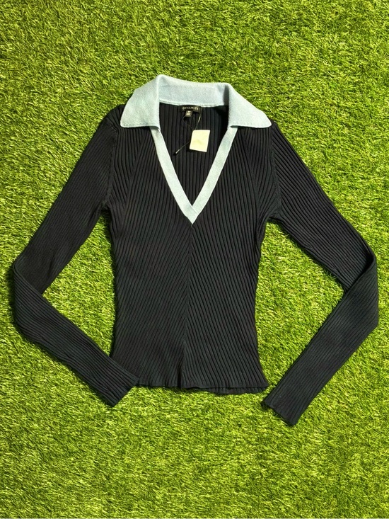 Dynamite Tops - Dynamite Navy Ribbed Collared Long Sleeve Sweater Small